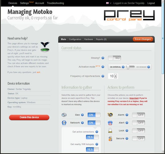 Prey's Web control panel, from which you can set options for a missing PC. Many more options relating to information gathering (such as the use of session spying or the Webcam) are below and out of sight.