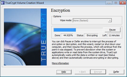 The TrueCrypt encryption process can be suspended and resumed at your convenience, even across multiple reboots.