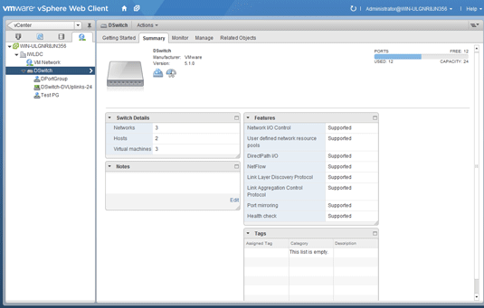 A summary view of a single distributed switch. Among the new features of the vswitch are a health check, configuration backup and restore, automatic rollback and recovery, and LACP support.