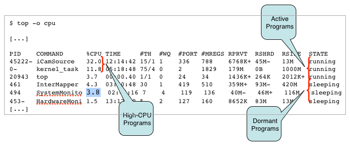 The top command sorted by CPU percentage