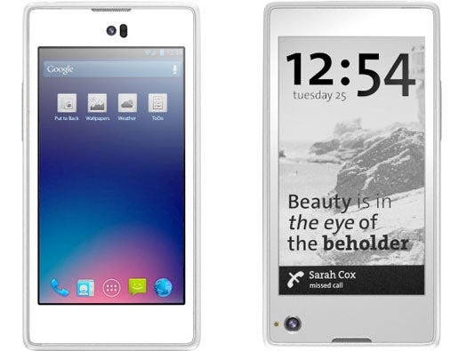 The YotaPhone's back screen (at right) is always visible, and displays even if the battery has died