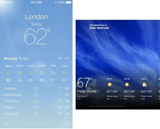 iOS 7 (left) full-screen, layered, often animated graphics as background, like Windows 8's Metro does