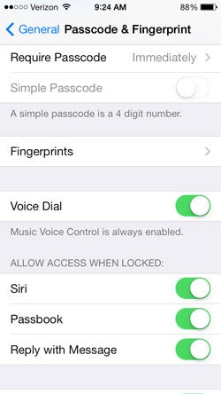 iPhone 5s password settings