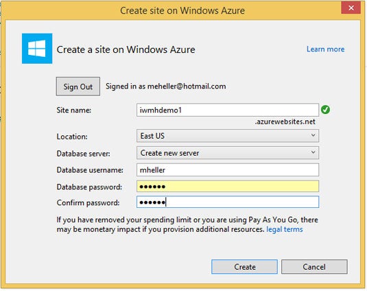 Visual Studio 2013 Windows Azure integration