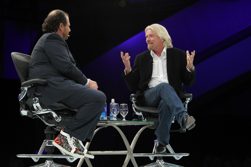 Salesforce.com CEO Marc Benioff speaks to Virgin chairman Richard Branson