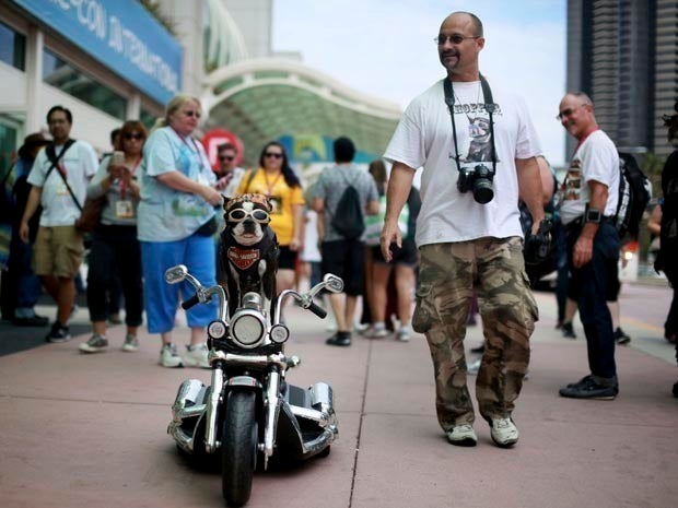 Mark Shaffer walks with Chopper The Biker Dog