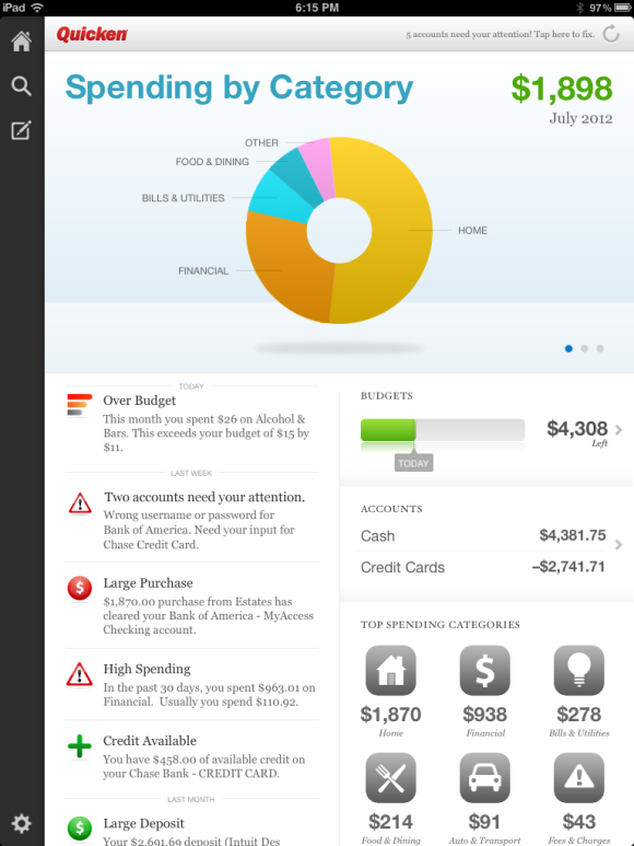 The overview screen for Quicken 2013's iPad app.