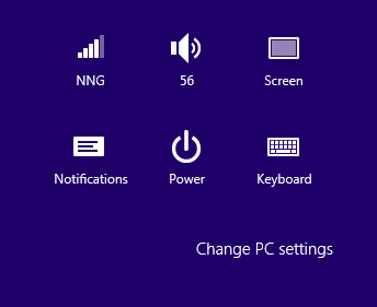 The Windows 8 settings menu, which slides out from the right side of the screen.
