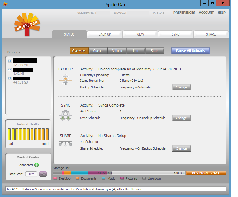 spideroak syndication process stuck