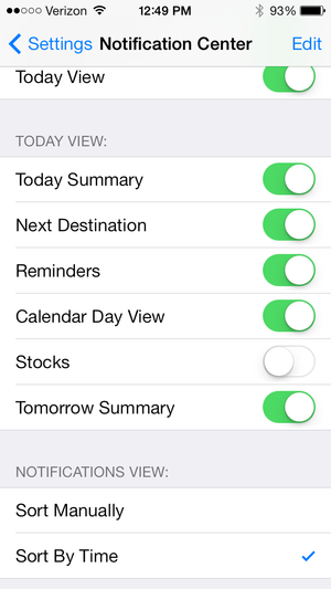iOS7 Today View settings