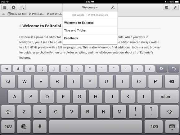 The extra keyboard row in Editorial for iPad