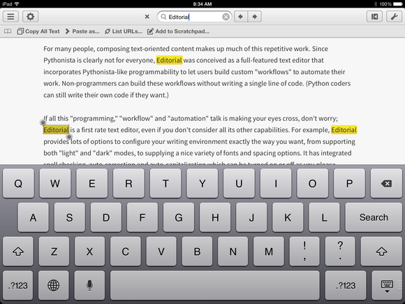 Search results in Editorial for iPad