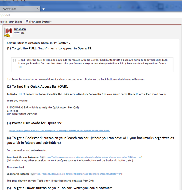 Opera 18 screenshot To get bookmarks, download an extension