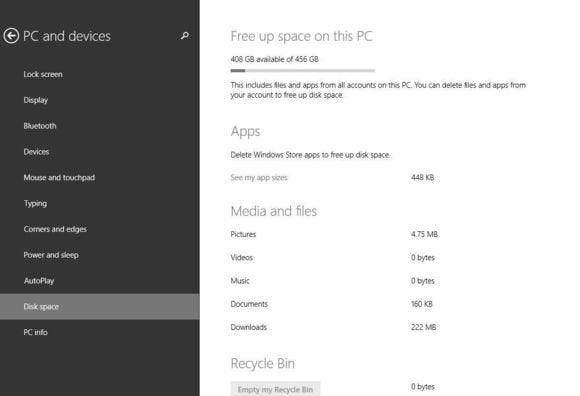 disk space pc and devices menu