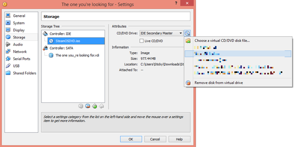 choose storage iso steamos virtualbox