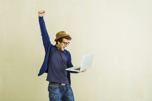 laptop winner user man cheer hooray celebrate