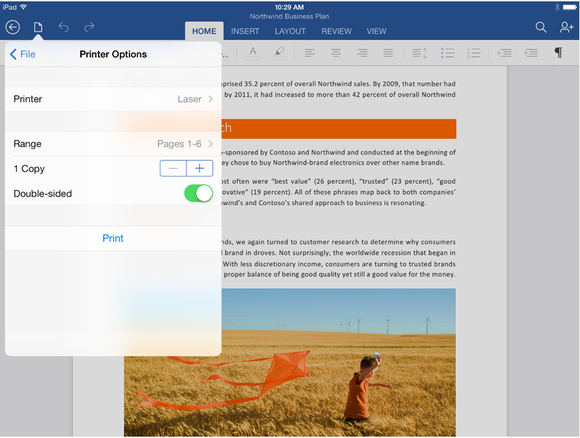 Microsoft word for ipad print options edit