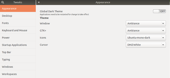 gnome tweak appearance menu