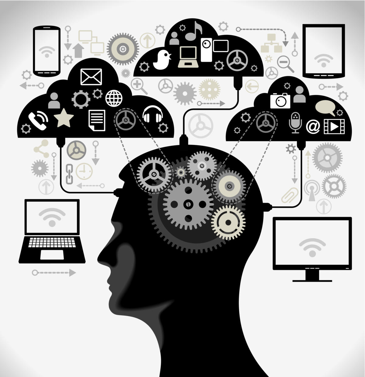 human head interface computers gears thoughts clouds tablets mobile brain