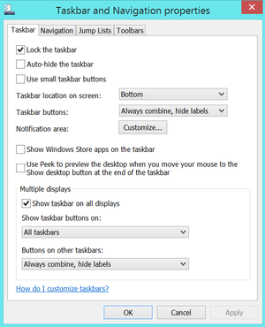 windows 8 taskbar options multiple displays