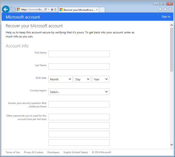 Microsoft account password recovery questionnaire