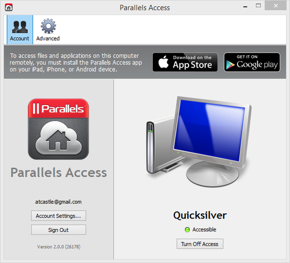 parallels account screen