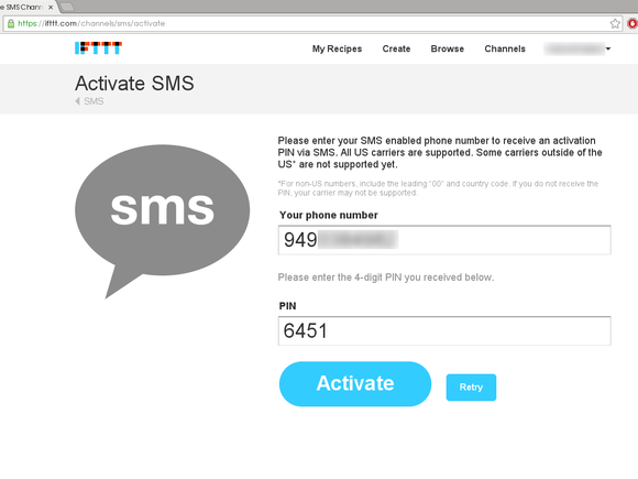 Activating IFTTT SMS channel