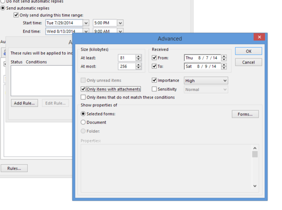 outlook 2013 automatic replies advanced rule options