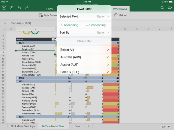 sorting a column in a pivottable in excel for ipad