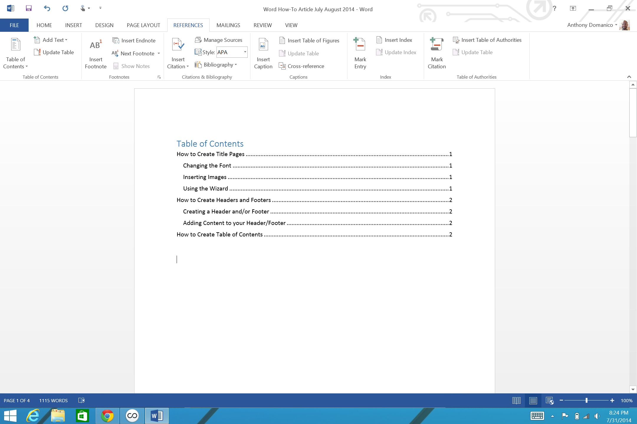 create manual table of contents word 2010