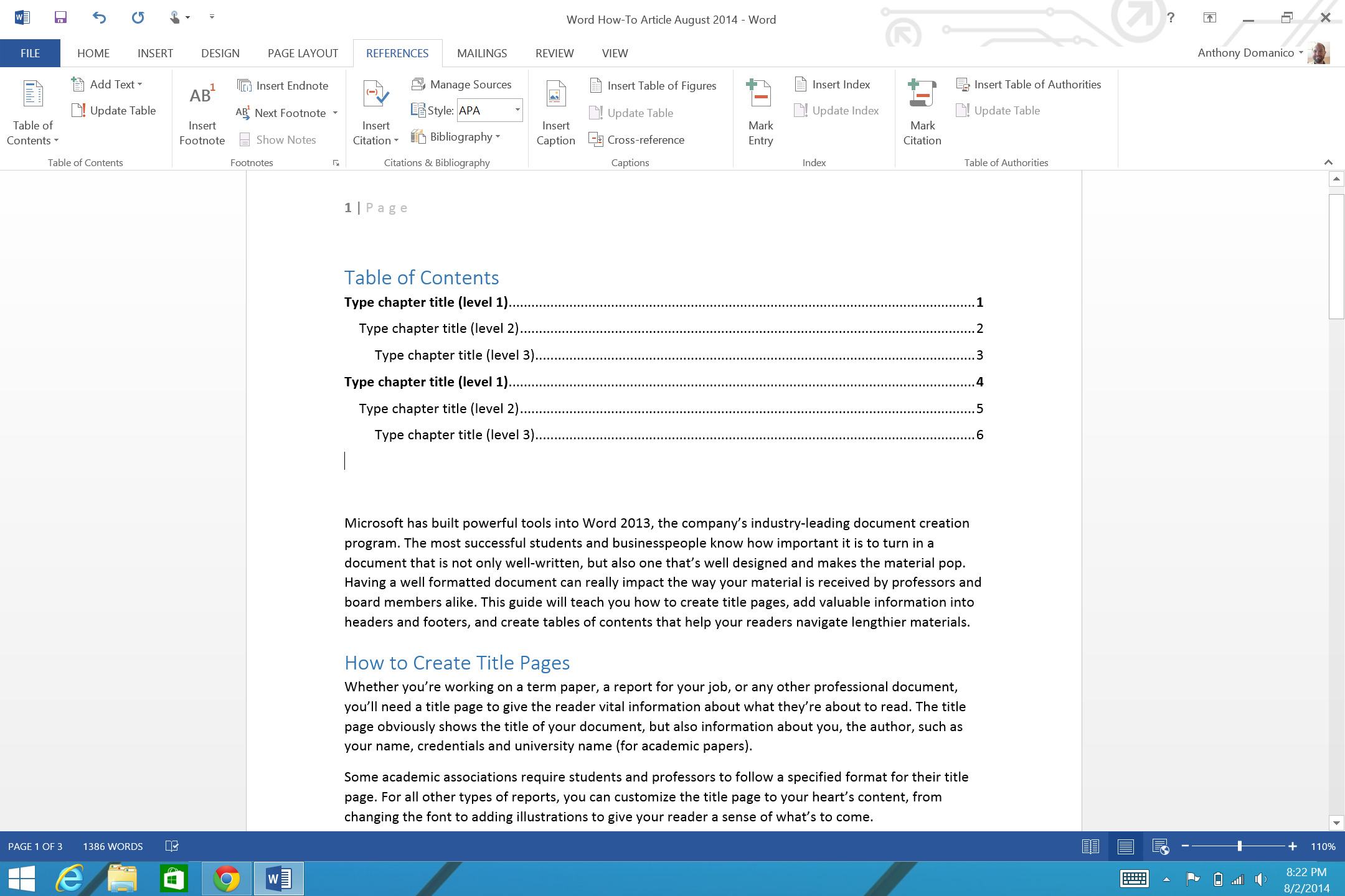 manual table of contents word dots to page number