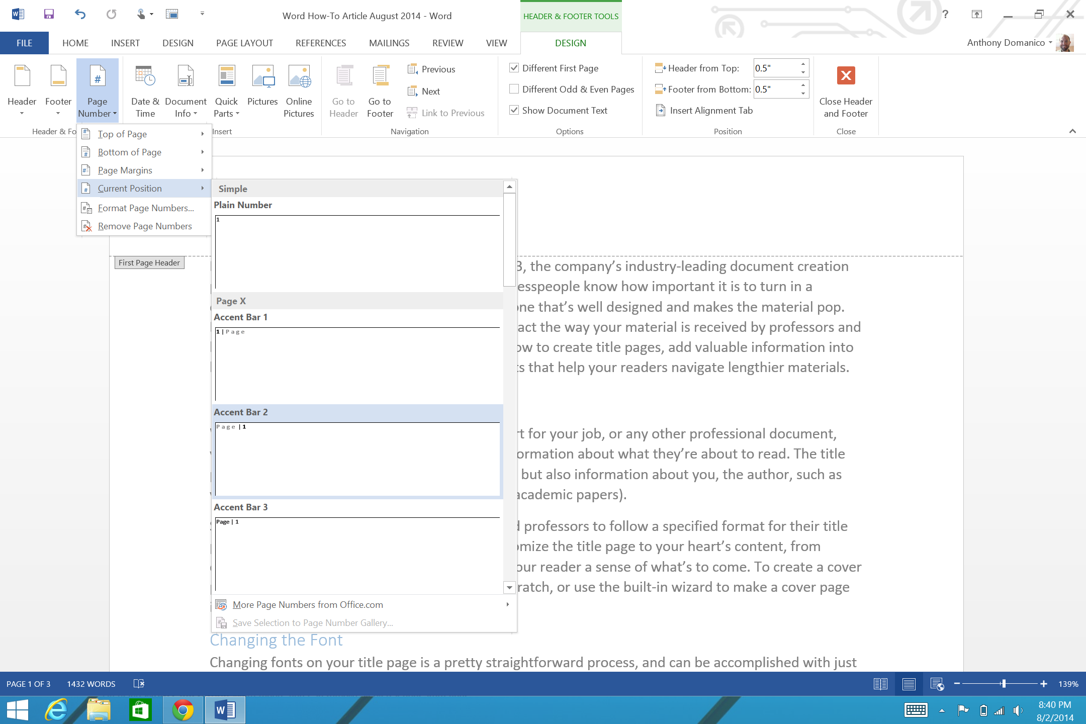 how do you show header only on first page in word document