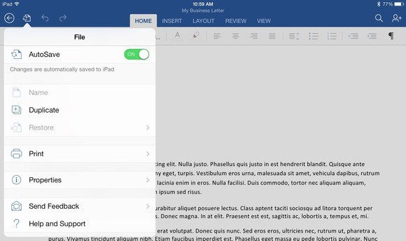 word for ipad file menu