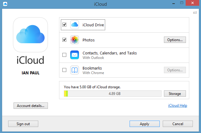 icloud control panel for windows 10