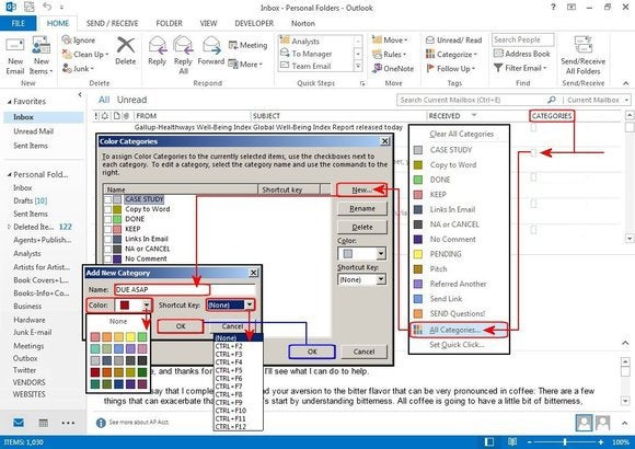 microsoft outlook f2 create categories