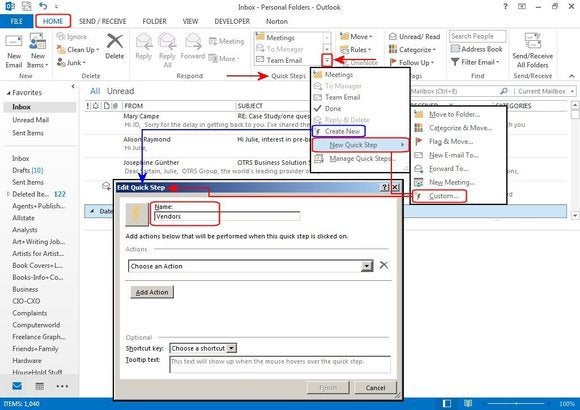 microsoft outlook f3 create quick step