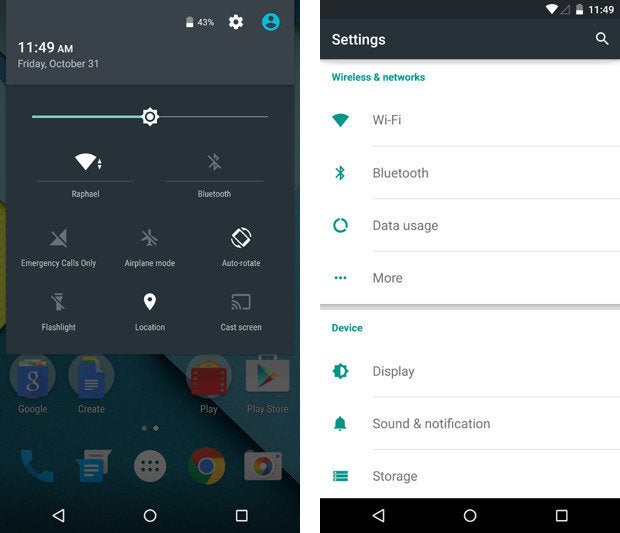 Nexus 6, Android 5.0 Lollipop Settings