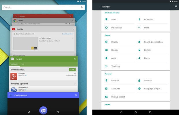 Nexus 9, Android 5.0 Lollipop Recent and Settings