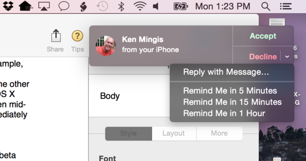 yosemite incoming call