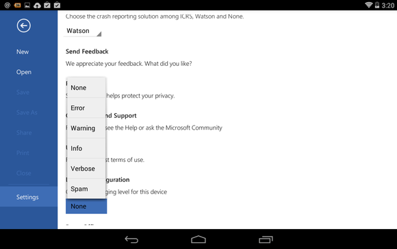 Office for Android Microsoft Word settings