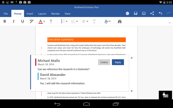Office for Android Microsoft Word comments