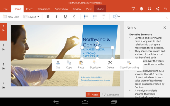 Office for Android Microsoft PowerPoint formatting