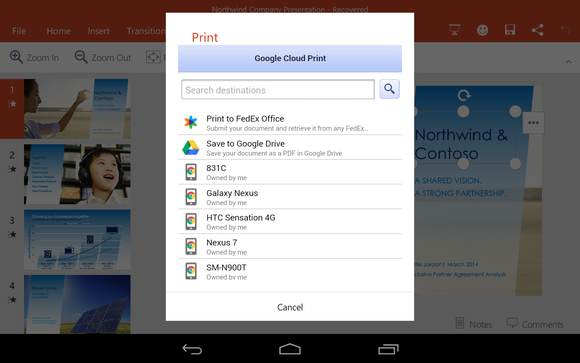 Office for Android Microsoft cloud print