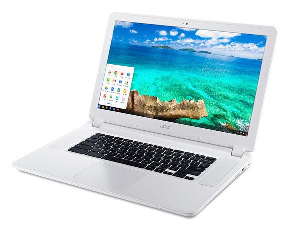 acer chromebook 15 cb5 571 white front up left angle start bar