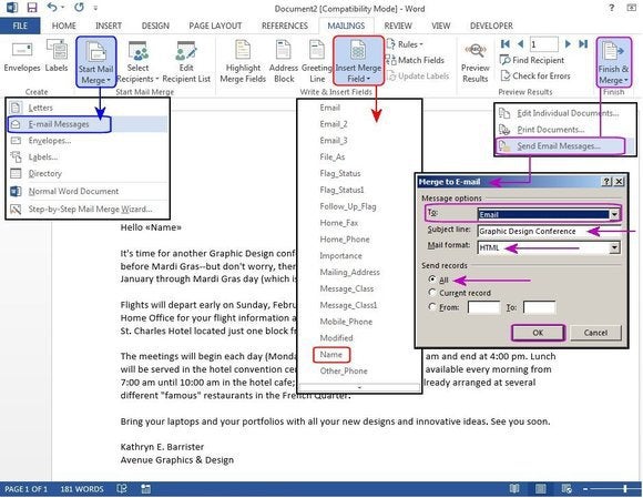 f3 create message merge send