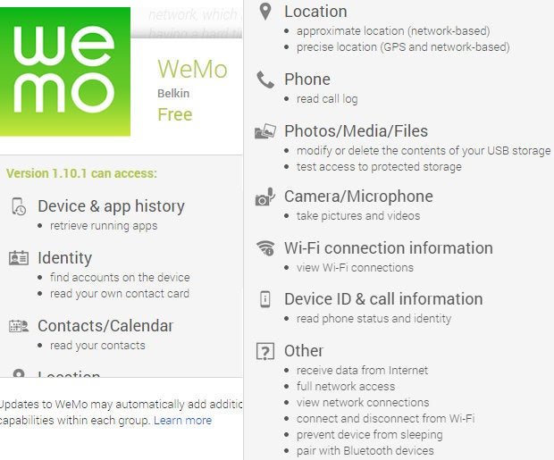WeMo Android app permissions