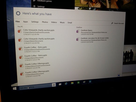 Windows 10 Cortana search results