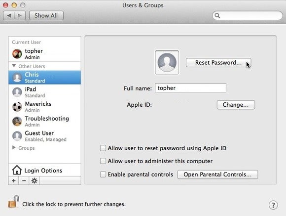 reset admin password mac from login