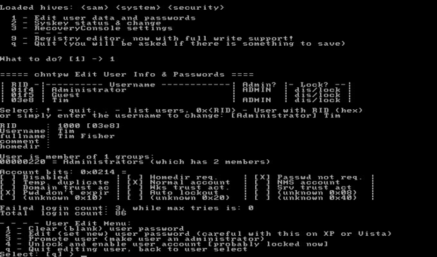 Clearing a Windows password via the offline password recovery tool from Hiren's BootCD