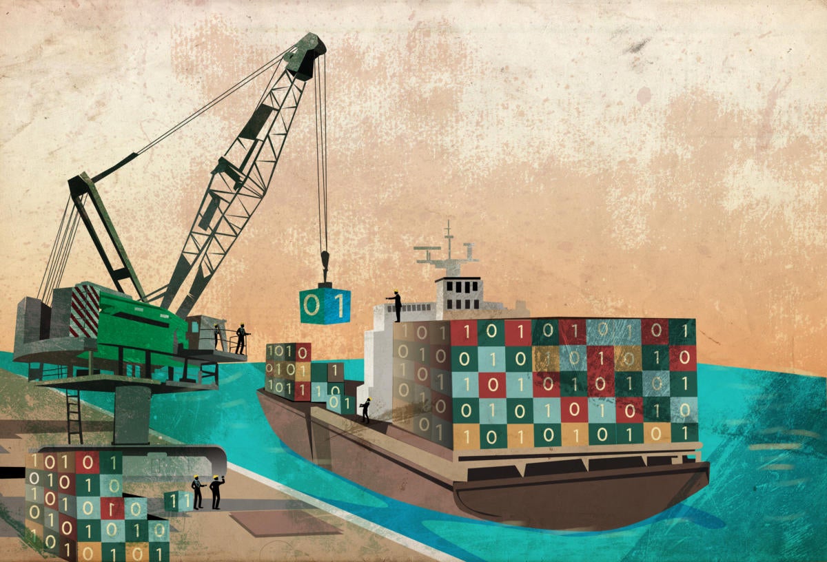 Containerization illustration: loading dock for binary code data containers